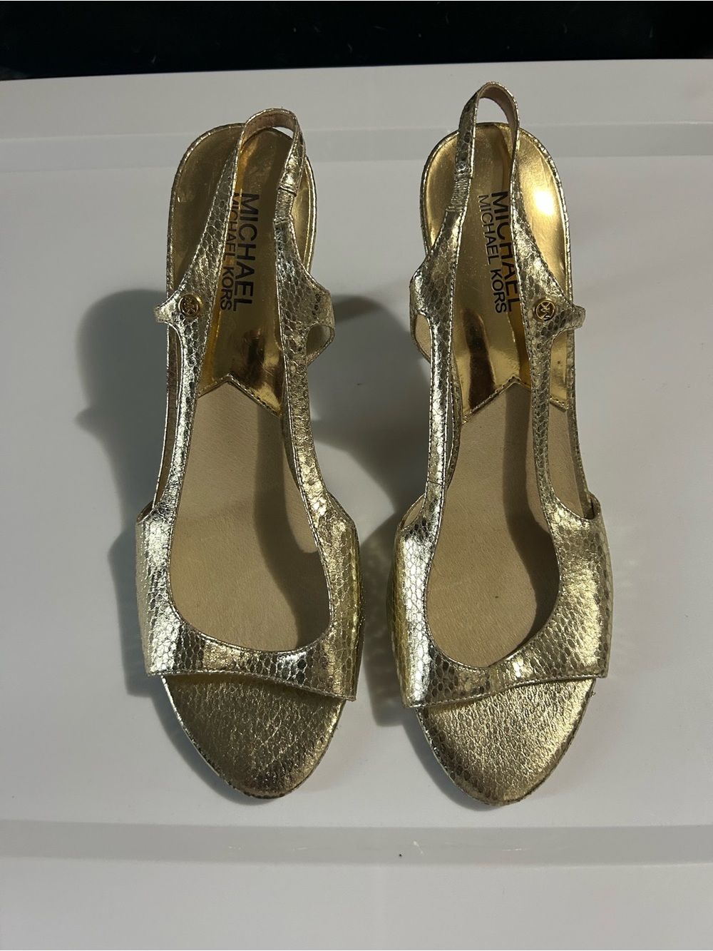 Michael Kors Metallic Gold T‑Strap Slingback Heels